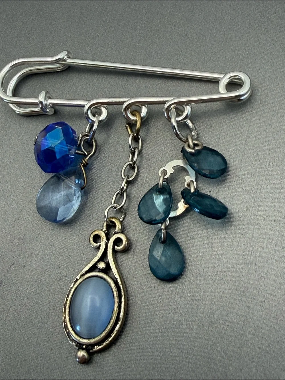 Blue Moonglow Color Oval Dangle Silver Tone Charm Safety Pin Brooch